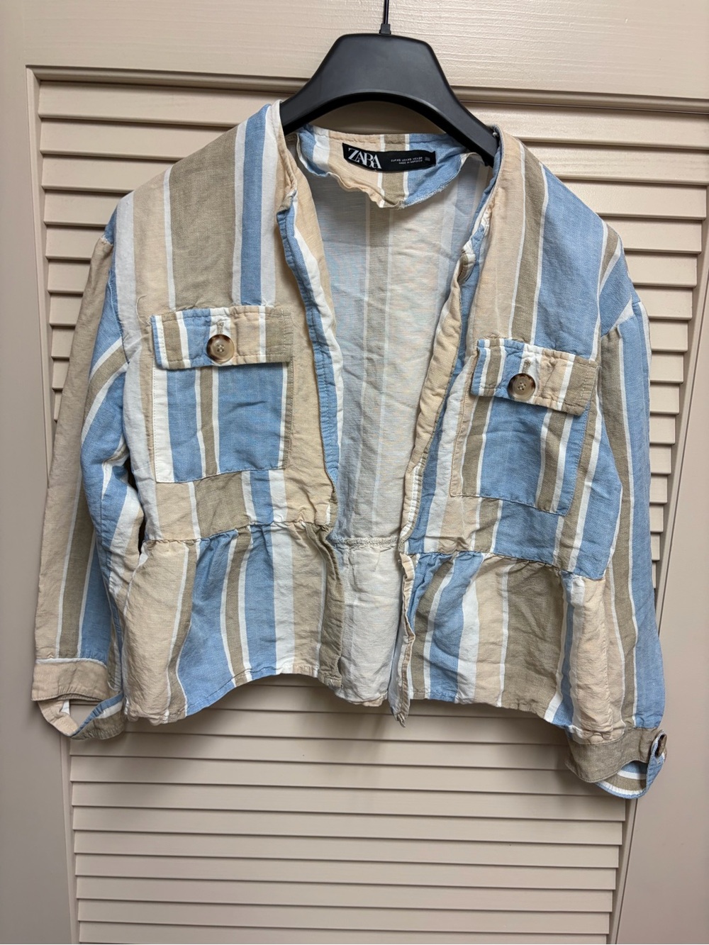 ZARA Women XS Linen Blend Striped Cropped Utility Jacket Blue Beige Coastal